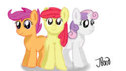 Size: 1280x720 | Tagged: safe, artist:jbond, apple bloom, scootaloo, sweetie belle, earth pony, pegasus, pony, unicorn, g4, cutie mark crusaders, female, filly, foal, signature, simple background, trio, white background