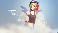 Size: 1920x1080 | Tagged: safe, artist:jave-the-13, artist:wicklesmack, rainbow dash, human, g4, armband, clothes, female, glasses, hot pants, humanized, midriff, sexy, solo, tank top, vector, wallpaper, winged humanization