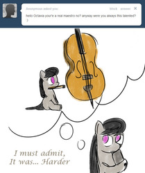 Size: 500x597 | Tagged: safe, artist:erthilo, octavia melody, earth pony, pony, ask octavia, g4, ask, cello, female, filly, mare, mouth hold, musical instrument, no pupils, solo, thought bubble, tumblr, younger