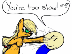 Size: 461x346 | Tagged: safe, artist:godofsteak, applejack, g4, animated, crossover, extreme speed animation, fight, frown, glare, le lenny face, punch, smiling, sonic the hedgehog (series), you're too slow