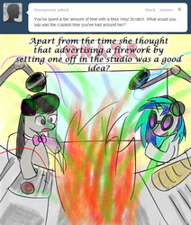 Size: 500x590 | Tagged: safe, artist:erthilo, dj pon-3, octavia melody, vinyl scratch, earth pony, pony, unicorn, ask octavia, g4, ask, duo, duo female, female, fire, mare, microphone, no pupils, studio, tumblr