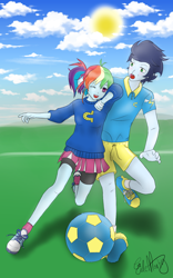 Size: 1200x1920 | Tagged: safe, artist:eilemonty, rainbow dash, soarin', human, g4, female, football, humanized, male, ship:soarindash, shipping, straight