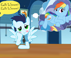 Size: 1024x830 | Tagged: dead source, safe, artist:rulette, rainbow dash, soarin', g4, blushing, daydream, dialogue, dream, female, lying, male, ship:soarindash, shipping, smiling, straight, thinking, thought bubble, wingboner, wonderbolts dress uniform, wonderbolts uniform