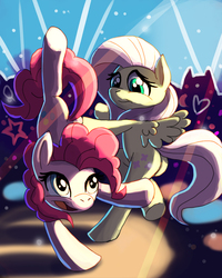 Size: 680x850 | Tagged: safe, artist:pusspuss, fluttershy, pinkie pie, g4, backbend, butt, dancing, plot, underhoof