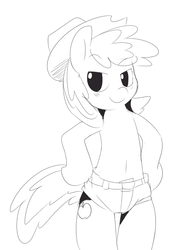 Size: 593x850 | Tagged: safe, artist:ende26, braeburn, earth pony, pony, g4, bipedal, clothes, daisy dukes, lineart, male, monochrome, solo, topless