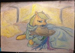 Size: 1063x751 | Tagged: safe, artist:canis-niphlanus, applejack, rainbow dash, g4, accessory swap, blanket, female, lesbian, ship:appledash, shipping, sleeping, traditional art