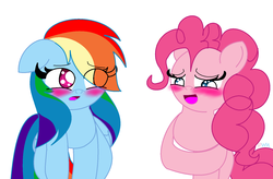 Size: 1610x1056 | Tagged: safe, artist:pokewarriormelodies, pinkie pie, rainbow dash, g4, blushing, female, floppy ears, hair over one eye, lesbian, open mouth, ship:pinkiedash, shipping, smiling