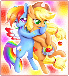 Size: 557x616 | Tagged: safe, artist:kurenai no tsubasa, applejack, rainbow dash, g4, apple, female, hug, lesbian, pixiv, ship:appledash, shipping