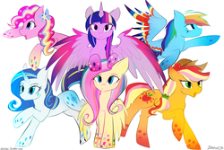 Size: 1500x1000 | Tagged: safe, artist:php41, derpibooru exclusive, applejack, fluttershy, pinkie pie, rainbow dash, rarity, twilight sparkle, alicorn, pony, g4, twilight's kingdom, cute, female, flying, leaning, looking at you, mane six, mare, open mouth, pointing, ponies riding ponies, pony hat, rainbow power, rainbow power-ified, raised hoof, riding, smiling, spread wings, twilight sparkle (alicorn)