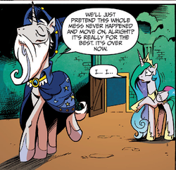 Size: 691x670 | Tagged: safe, artist:andy price, idw, official comic, princess celestia, star swirl the bearded, g4, spoiler:comic, spoiler:comic20, cropped, panel, reflections star swirl