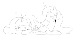 Size: 850x446 | Tagged: safe, artist:ende26, princess celestia, princess luna, g4, filly, monochrome, rough sketch, sketch, sleeping, woona