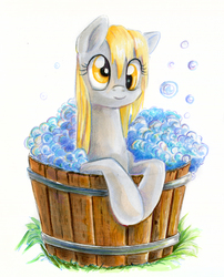 Size: 1353x1677 | Tagged: safe, artist:maytee, derpy hooves, pegasus, pony, g4, bath, bubble, female, mare, solo, traditional art, wet mane