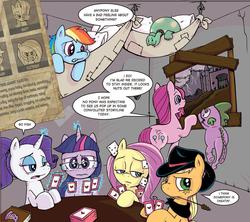 Size: 977x867 | Tagged: safe, artist:katie cook, idw, applejack, fluttershy, pinkie pie, rainbow dash, rarity, spike, tank, twilight sparkle, dragon, earth pony, pony, unicorn, friendship is magic #20, g4, spoiler:comic, alternate hairstyle, bandana, bored, cheating, cowboy hat, cropped, fedora, female, frown, glasses, go fish, hat, levitation, magic, male, mane seven, mane six, mare, mirror universe, mouth hold, pinkamena diane pie, ponytail, stetson, telekinesis