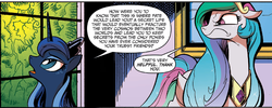 Size: 1400x562 | Tagged: safe, artist:andy price, idw, official comic, princess celestia, princess luna, alicorn, pony, g4, spoiler:comic, spoiler:comic20, cropped, female, glare, mare, panel