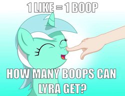 Size: 960x742 | Tagged: safe, artist:j-testman, lyra heartstrings, human, pony, g4, boop, bronybait, clickbait, cute, eyes closed, hand, happy, image macro, impact font, lyrabetes, meme, nose wrinkle, open mouth, reaction image, smiling, upvote bait