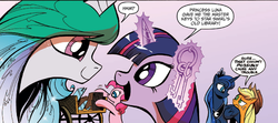 Size: 1400x624 | Tagged: safe, idw, official comic, applejack, princess celestia, princess luna, twilight sparkle, alicorn, earth pony, pony, friendship is magic #20, g4, spoiler:comic, cropped, female, levitation, magic, mare, panel, telekinesis, twilight sparkle (alicorn)