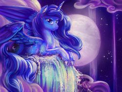 Size: 1200x900 | Tagged: dead source, safe, artist:viwrastupr, princess luna, g4, cloud, cloudy, female, looking at you, lying, moon, solo, water