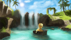Size: 4000x2250 | Tagged: safe, artist:fuzzyfox11, applejack, g4, eyes closed, female, high res, lying, prone, scenery, smiling, solo, water, waterfall