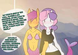 Size: 1280x907 | Tagged: safe, artist:somescrub, scootaloo, sweetie belle, sea pony, anthro, ask nudist sweetie belle, g4, chicken of the sea, ship:scootabelle