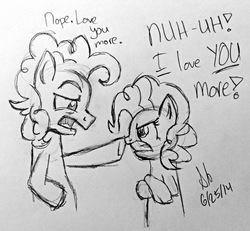 Size: 1488x1376 | Tagged: safe, artist:starcrystal272, cheese sandwich, pinkie pie, g4, argument, female, male, monochrome, ship:cheesepie, shipping, sketch, straight, traditional art