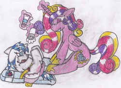 Size: 2974x2165 | Tagged: safe, artist:cuddlelamb, princess cadance, shining armor, pony, g4, age regression, baby, baby pony, baby powder, changing mat, diaper, diaper change, foal, high res, traditional art