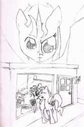 Size: 800x1200 | Tagged: safe, artist:violo, sunset shimmer, twilight sparkle, pony, g4, dusk shine, female, flower, half r63 shipping, male, monochrome, rule 63, ship:duskshimmer, ship:sunsetsparkle, shipping, straight, traditional art