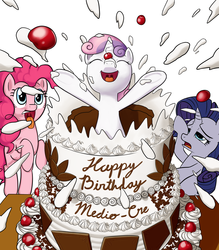 Size: 3500x4000 | Tagged: safe, artist:ligerstorm, pinkie pie, rarity, sweetie belle, g4, birthday, birthday cake, cake, faint, popping out of a cake, trio