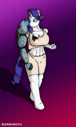 Size: 600x1000 | Tagged: dead source, safe, artist:sergiroth, rarity, anthro, unguligrade anthro, g4, abs, breasts, busty rarity, female, prosthetic limb, prosthetics, solo