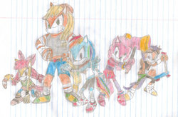 Size: 1024x670 | Tagged: safe, artist:knigshadow40, apple bloom, applejack, pinkie pie, rainbow dash, scootaloo, anthro, plantigrade anthro, g4, applejacked, lined paper, sonic boom, sonic the hedgehog (series), sonicified, traditional art