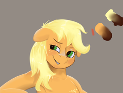 Size: 1200x900 | Tagged: safe, artist:desmond-some, applejack, earth pony, anthro, g4, female, floppy ears, loose hair, simple background, solo