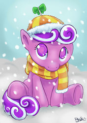 Size: 752x1063 | Tagged: safe, artist:thenicezombie, screwball, earth pony, pony, g4, clothes, cute, female, hat, propeller hat, scarf, snow, snowfall, solo, swirly eyes
