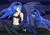 Size: 2700x1913 | Tagged: safe, artist:mlj-lucarias, princess luna, human, g4, abs, bedroom eyes, belly button, belly chain, cleavage, clothes, female, fingerless gloves, gloves, hair over one eye, human ponidox, humanized, looking at you, midriff, prone, sitting, smiling