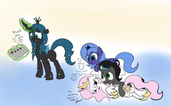 Size: 2503x1562 | Tagged: safe, artist:frikdikulous, king sombra, princess celestia, princess luna, queen chrysalis, alicorn, changeling, changeling queen, pony, unicorn, g4, :t, bellyrubs, cewestia, changeling princess, clothes, colored, colt, colt sombra, cookie, crown, cuddling, cup, cute, cutealis, cutelestia, eating, female, filly, filly queen chrysalis, floppy ears, frown, glare, good king sombra, group, hug, jewelry, levitation, lunabetes, magic, male, on side, open mouth, pillow, prone, puffy cheeks, quartet, regalia, shoes, sketch, smiling, snuggling, sombra's cutie mark, sombradorable, telekinesis, tiara, woona, younger