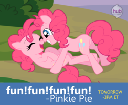 Size: 1971x1620 | Tagged: safe, artist:momo, pinkie pie, earth pony, pony, g4, too many pinkie pies, boop, butt, clone, cute, diapinkes, eyes closed, female, grin, hub logo, laughing, mare, nose wrinkle, noseboop, on back, open mouth, pinkie clone, plot, smiling, squee, standing