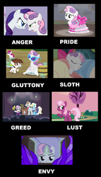 Size: 1226x2146 | Tagged: safe, cheerilee, eclair créme, little red, pipsqueak, rarity, star gazer, sweetie belle, earth pony, pony, unicorn, for whom the sweetie belle toils, g4, hearts and hooves day (episode), sisterhooves social, somepony to watch over me, twilight time, angry, apple bloom's bow, bickering sisters, bow, clothes, colt, dress, evil smirk, female, filly, foal, glowing horn, hair bow, horn, impersonating, jealous, looking at each other, magic, male, mare, narrowed eyes, performance, rarity is not amused, sabotage, serving tray, seven deadly sins, siblings, sin of envy, sin of gluttony, sin of greed, sin of lust, sin of pride, sin of sloth, sin of wrath, sisters, sleeping, stallion, sunglasses, sweetie belle is not amused, trophy, unamused