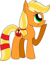 Size: 874x1064 | Tagged: safe, applejack, g4, alternate cutie mark, alternate hairstyle, confused, female, indifferent, ms paint, older, raised hoof, simple background, solo