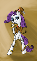 Size: 571x922 | Tagged: safe, artist:mang, rarity, g4, female, flintlock, goggles, hat, knife, solo, steampunk