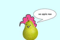 Size: 600x398 | Tagged: safe, artist:wollap, pinkie pie, g4, pinkie apple pie, apple, comic, female, fruit, hilarious in hindsight, pear, solo, species swap, tasty fruit, wat, you're doing it wrong