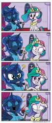 Size: 1000x2363 | Tagged: safe, artist:daniel-sg, princess celestia, princess luna, g4, :c, alternate hairstyle, clothes, comic, crossover, crying, dress, floppy ears, frown, gritted teeth, lightning, microphone, on fire, question mark, shrunken pupils, singing, smiling, termina's moon, the legend of zelda, the legend of zelda: majora's mask