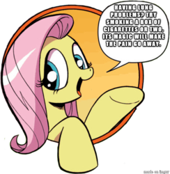 Size: 421x431 | Tagged: safe, idw, fluttershy, friendship is magic #3, g4, my little pony: friendship is magic (idw), bad advice fluttershy, exploitable meme, female, meme, smoking, solo, speech bubble, text