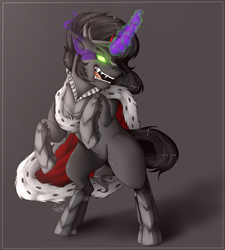 Size: 1800x2000 | Tagged: safe, artist:evehly, king sombra, g4, fangs, glowing eyes, glowing horn, horn, magic, male, open mouth, rearing, simple background, solo