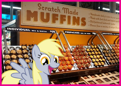 Size: 730x517 | Tagged: safe, artist:drpain, derpy hooves, pegasus, pony, g4, female, irrational exuberance, mare, muffin, photo, solo, that pony sure does love muffins