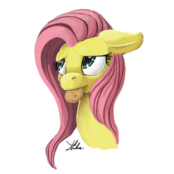 Size: 900x900 | Tagged: safe, artist:xenstroke, fluttershy, g4, bust, cookie, female, looking up, simple background, solo