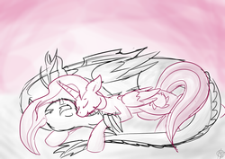 Size: 1403x992 | Tagged: safe, artist:fezthewolf, discord, princess celestia, g4, female, male, ship:dislestia, shipping, sketch, sleeping, straight