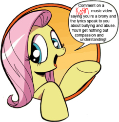 Size: 421x431 | Tagged: safe, idw, fluttershy, friendship is magic #3, g4, my little pony: friendship is magic (idw), bad advice fluttershy, exploitable meme, female, korn, meme, religion in the comments, solo, this will end in tears, youtube