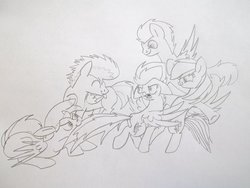 Size: 1024x768 | Tagged: safe, artist:s-o-a-r-i-n, flash sentry, rainbow dash, soarin', spitfire, oc, g4, monochrome, sketch, traditional art