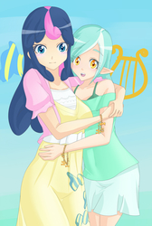 Size: 1342x2000 | Tagged: safe, artist:jonfawkes, bon bon, lyra heartstrings, sweetie drops, human, g4, elf ears, female, humanized, lesbian, ship:lyrabon, shipping, unicorns as elves