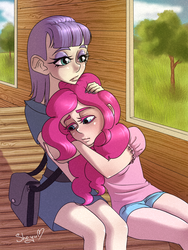 Size: 1200x1600 | Tagged: safe, artist:nyako-shoyu, maud pie, pinkie pie, human, g4, maud pie (episode), clothes, colored eyelashes, duo, duo female, female, hug, humanized, nail polish, scene interpretation, shorts