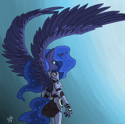 Size: 1405x1387 | Tagged: safe, artist:overkenzie, princess luna, alicorn, anthro, g4, armor, female, looking at you, looking back, solo, spread wings, warrior luna