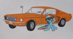 Size: 850x454 | Tagged: safe, artist:patridam, rainbow dash, g4, car, deal with it, female, ford, ford mustang, mustang, sitting, solo, traditional art